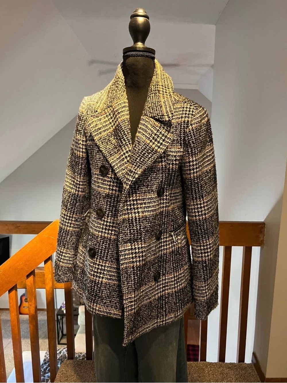Womens Double-Breasted Glen Plaid Blazer Jacket - Brown/Black